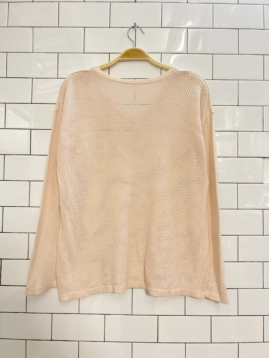 peach open knit v - neck long sleeve top - good market thrift store