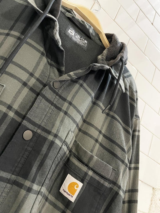 carthartt relaxed fit hooded fleece lined flannel shirt jacket - good market thrift store