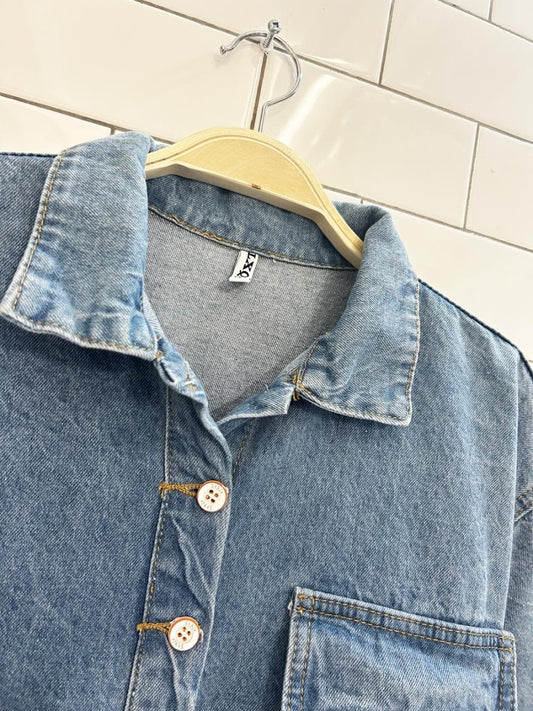 lxq 1/2 button short sleeve denim romper - good market thrift store