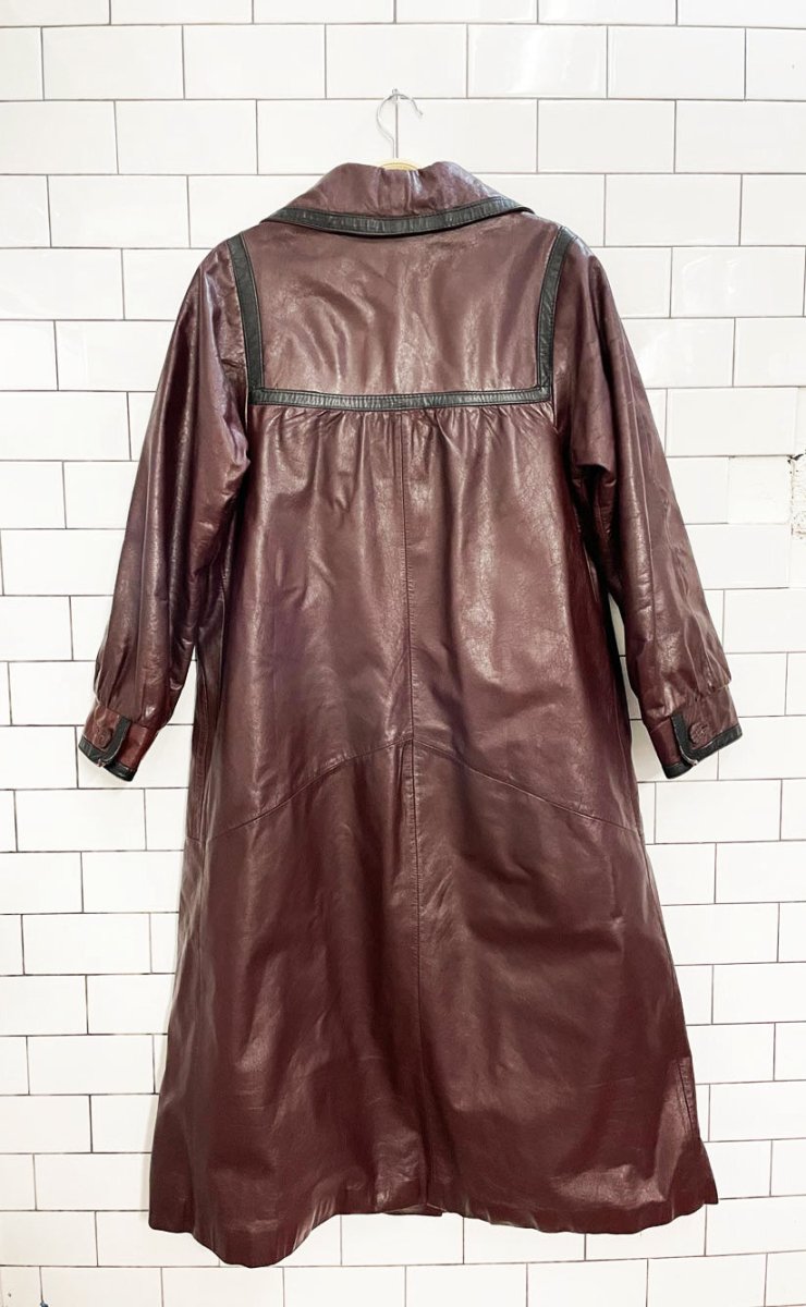 vintage leather empire contrast trim full length jacket - good market thrift store