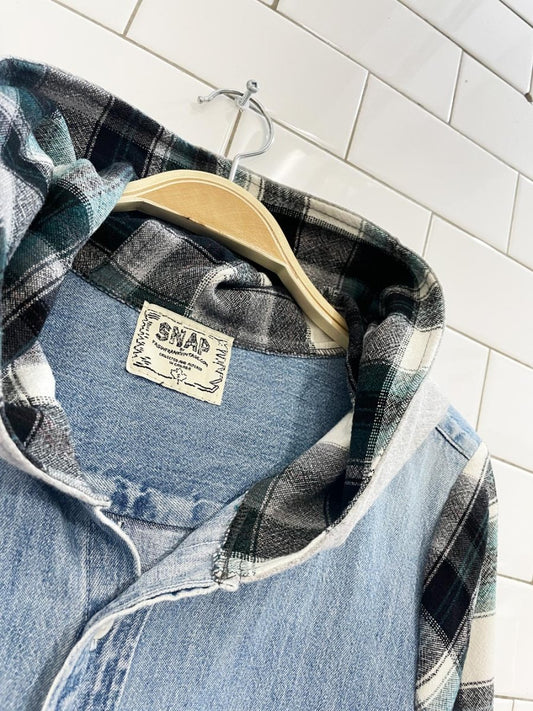 f as in frank vintage rework flannel hooded denim shirt - good market thrift store