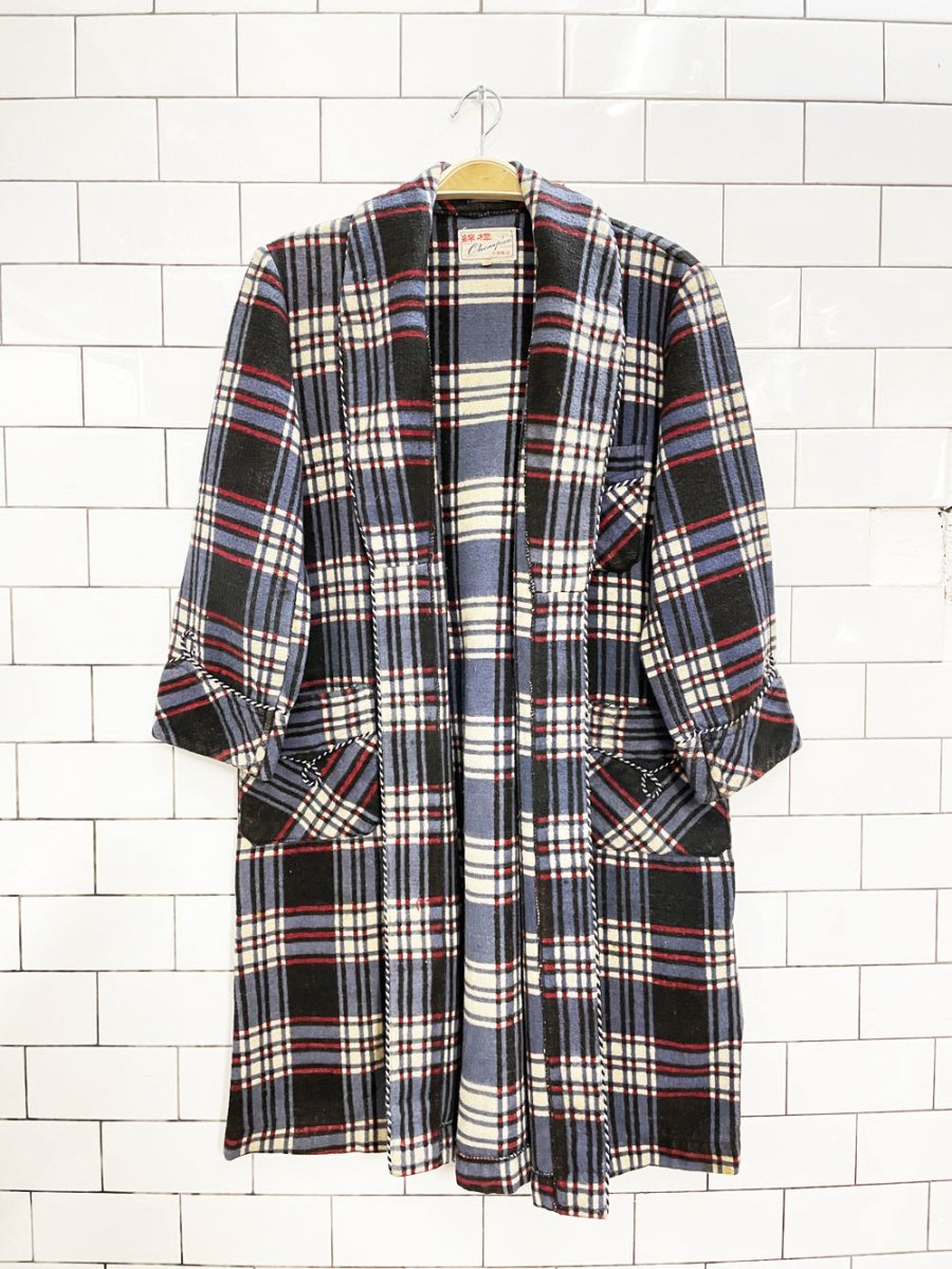 vintage 70s champion western braided trim plaid flannel housecoat jacket - good market thrift store
