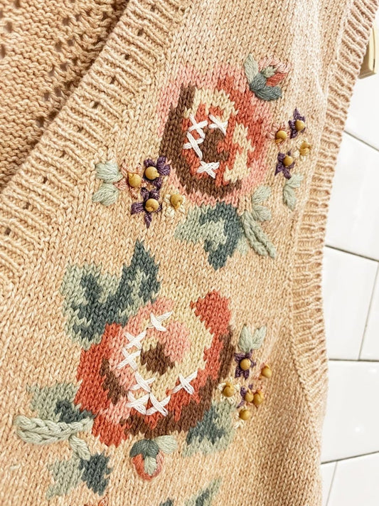 vintage 90s jantzen hand - embroidered floral knit vest - good market thrift store