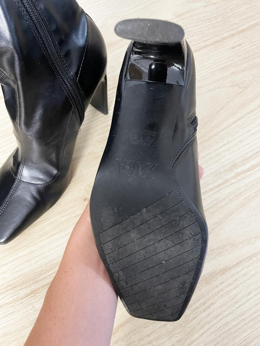 zara stretch patent sock heeled square toe boots - good market thrift store