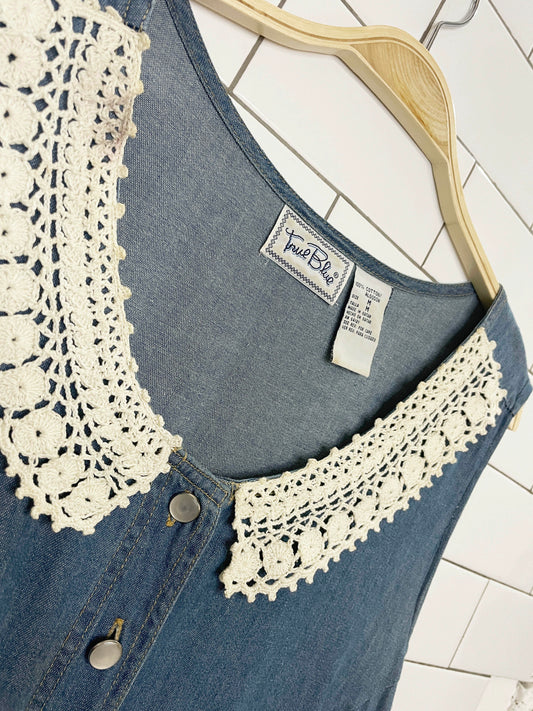 vintage 90s true blue crochet collar full button chambray denim maxi dress