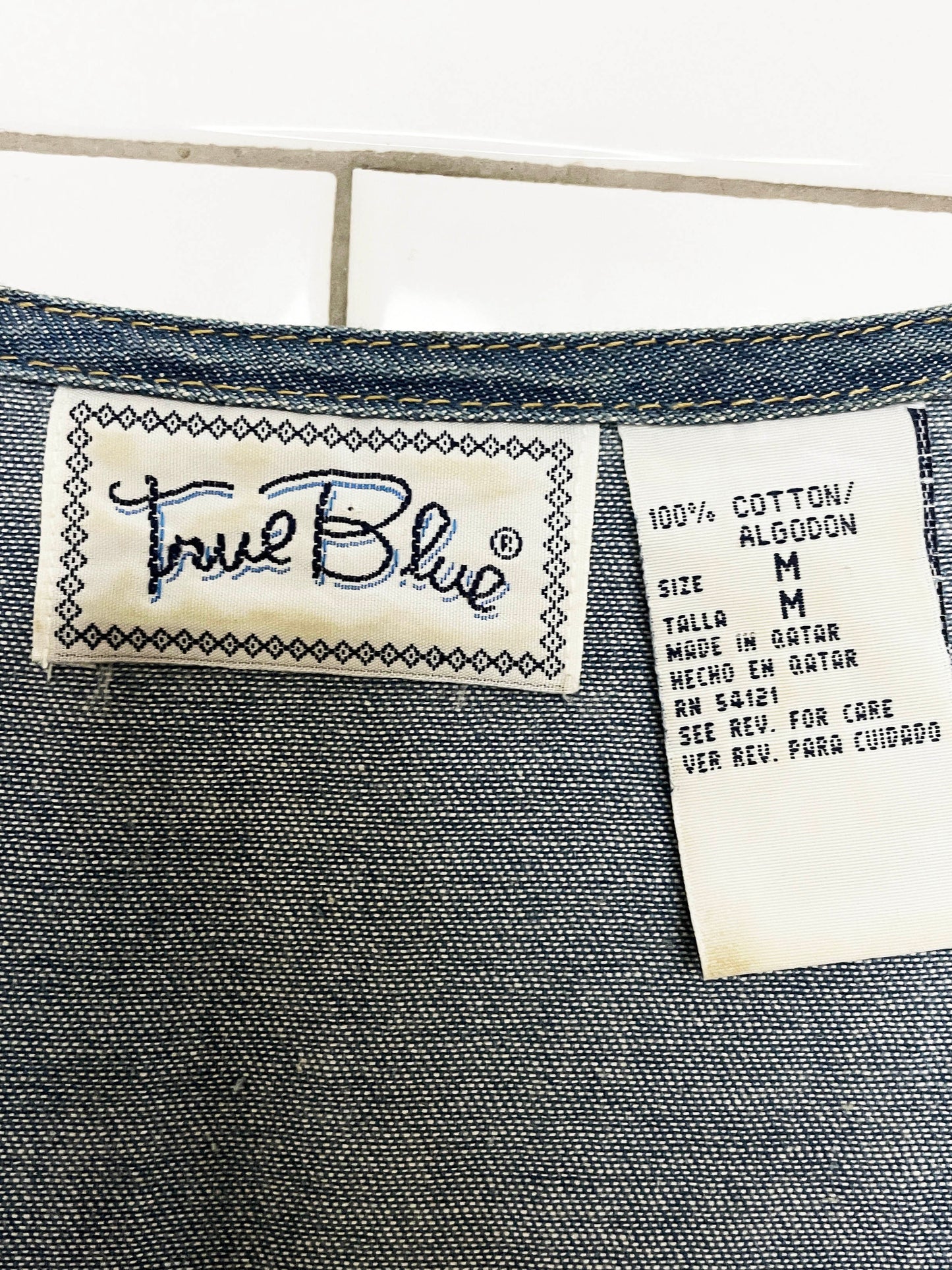 vintage 90s true blue crochet collar full button chambray denim maxi dress