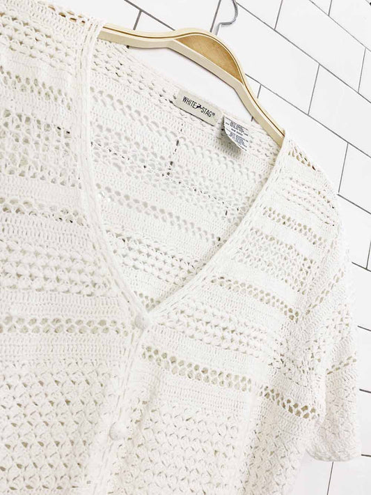 vintage 00s white stag crochet knit cardigan top
