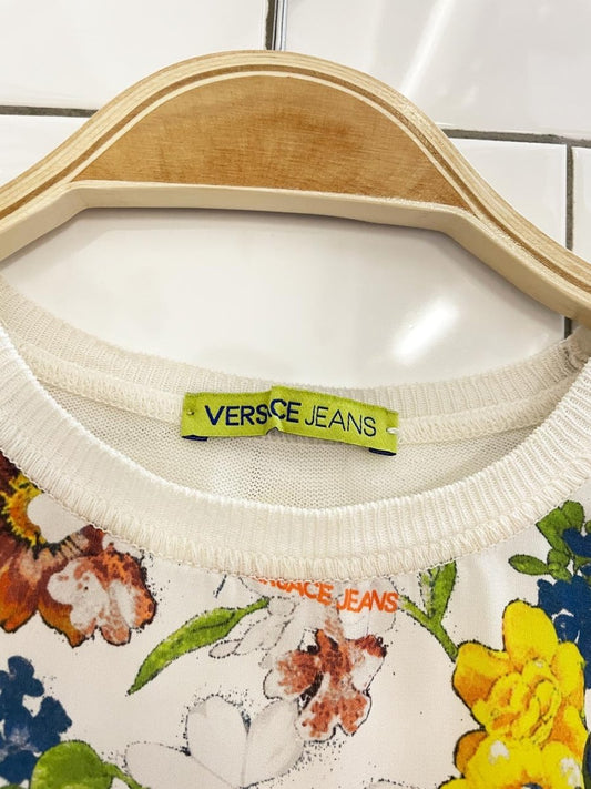 vintage 00s versace jeans floral satin front knit sweater - good market thrift store