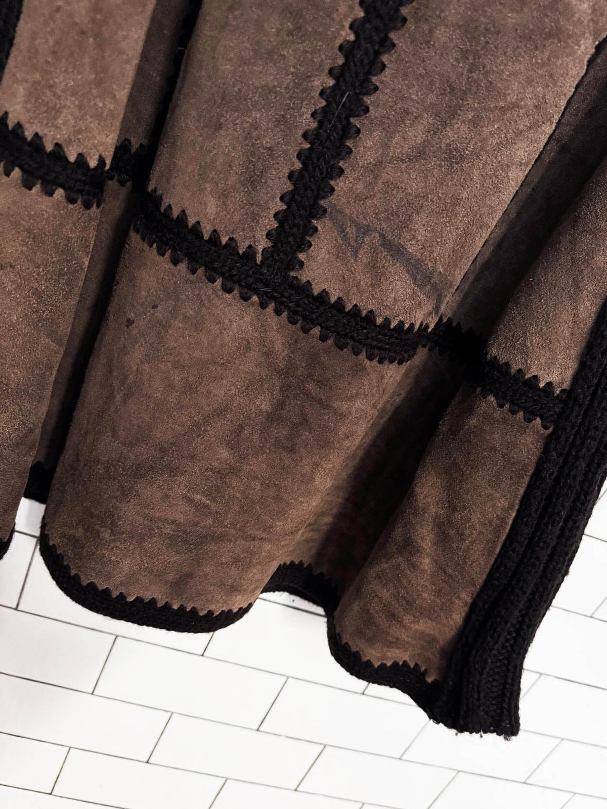 vintage 70s boho patchwork suede hooded knit belted duster jacket