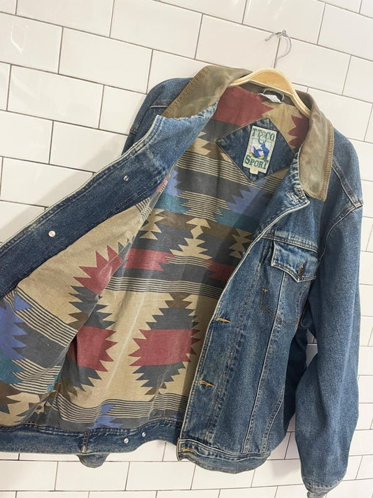 vintage 90s tt&co leather collar southwestern flannel lined denim trucker jacket - good market thrift store