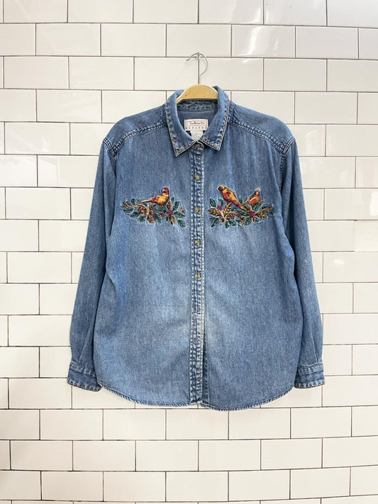 vintage 90s talbots embroidered birds denim shirt - good market thrift store