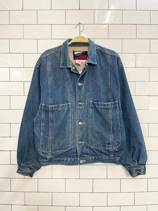 vintage 90s premiere vision flannel - lined denim jacket - good market thrift store