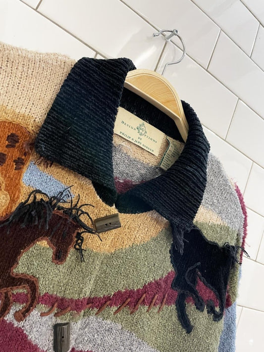 vintage 00s design options patchwork horses knit cardigan | philip & jane gordon - good market thrift store