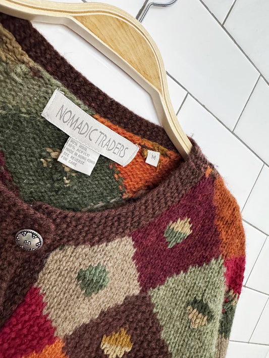 vintage nomadic traders wool-blend argyle autumn knit boxy cardigan