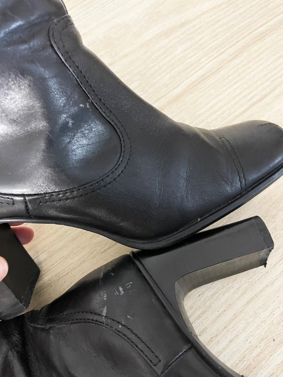 y2k spring leather square toe heeled boots - good market thrift store