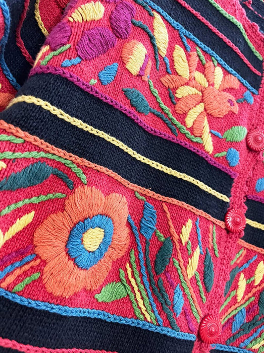 vintage 90s knitting needles heavy knit floral animal embroidered cardigan - good market thrift store