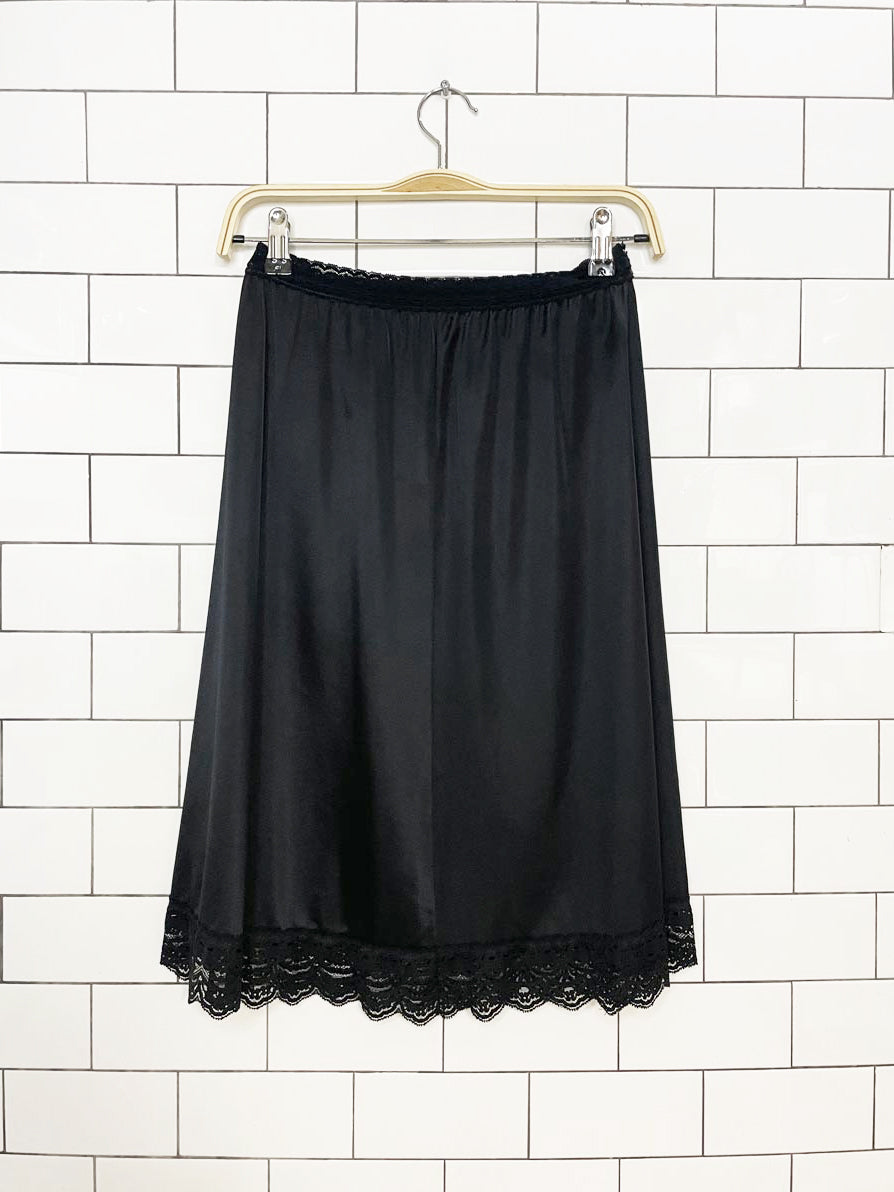 vintage olga secret hug sateen lace trim midi slip skirt