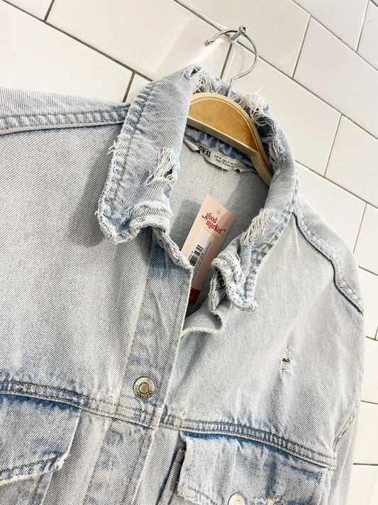 zara oversized snap button distressed denim shirt jacket - good market thrift store
