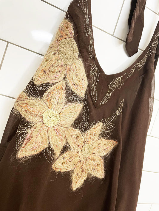 y2k depeche mode 100% silk chiffon floral embroidered halter midi dress | yves cossette