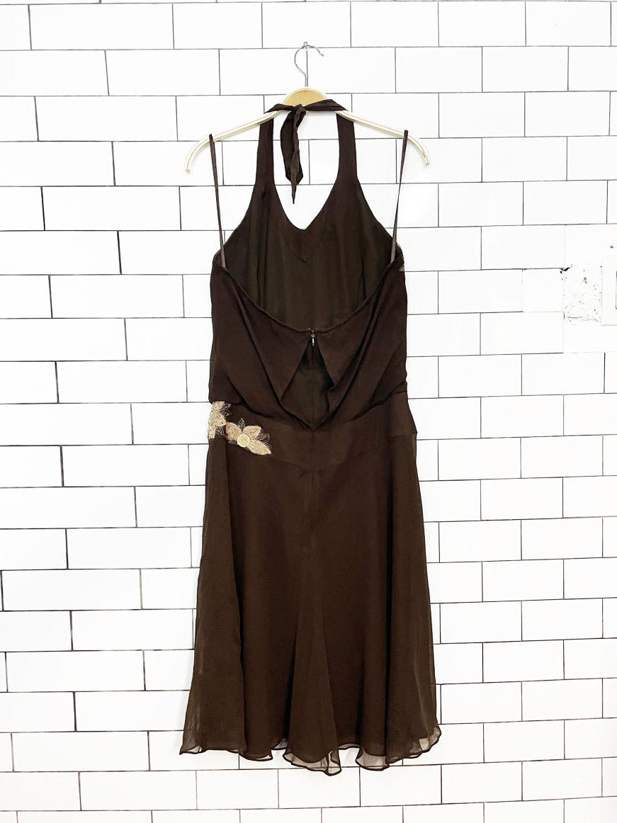 y2k depeche mode 100% silk chiffon floral embroidered halter midi dress | yves cossette