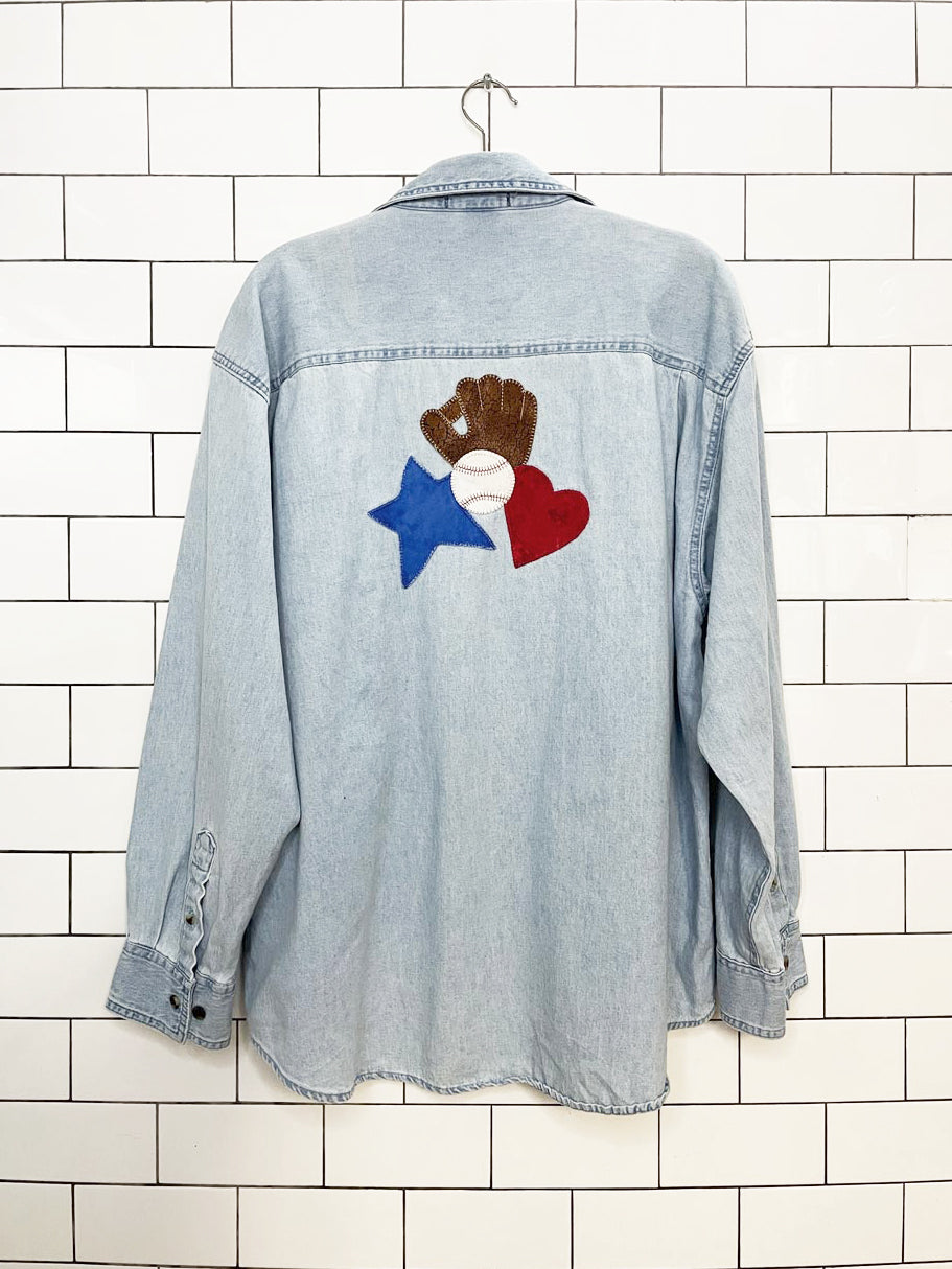 vintage rivers end handmade cubs denim baseball patch full button shirt