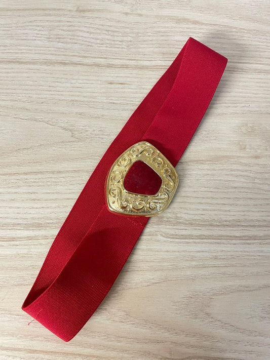 vintage 80s leather shop big buckle stretch dress belt - good market thrift store