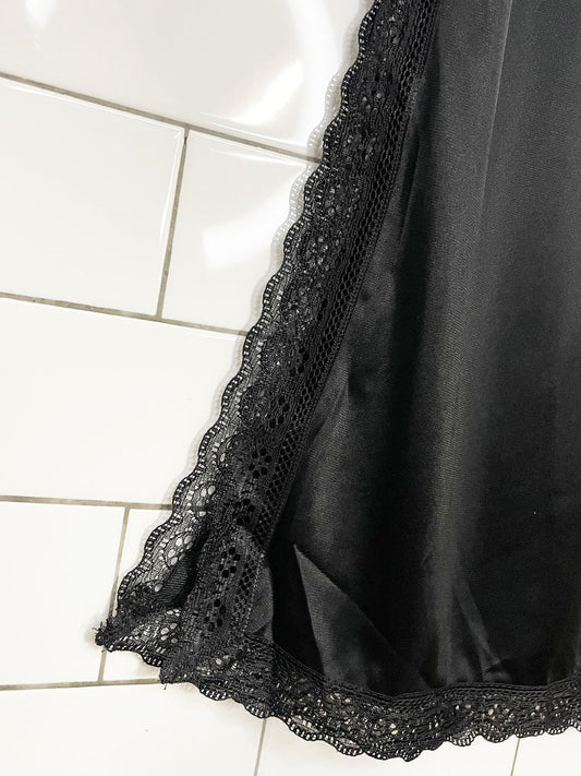 vintage mel-lin lace trim high slit sateen midi slip skirt