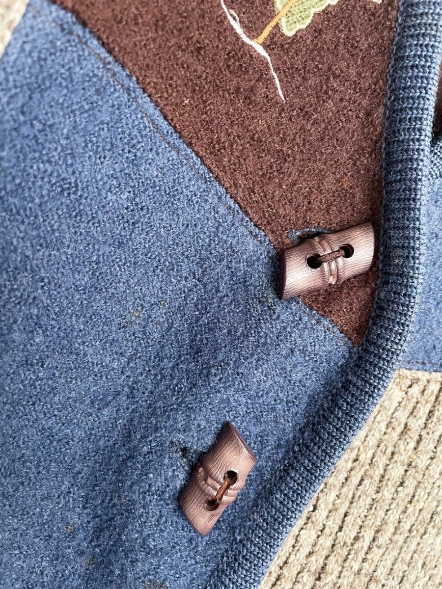 vintage 00s climax by sacha wool patchwork farm scene cardigan - good market thrift store