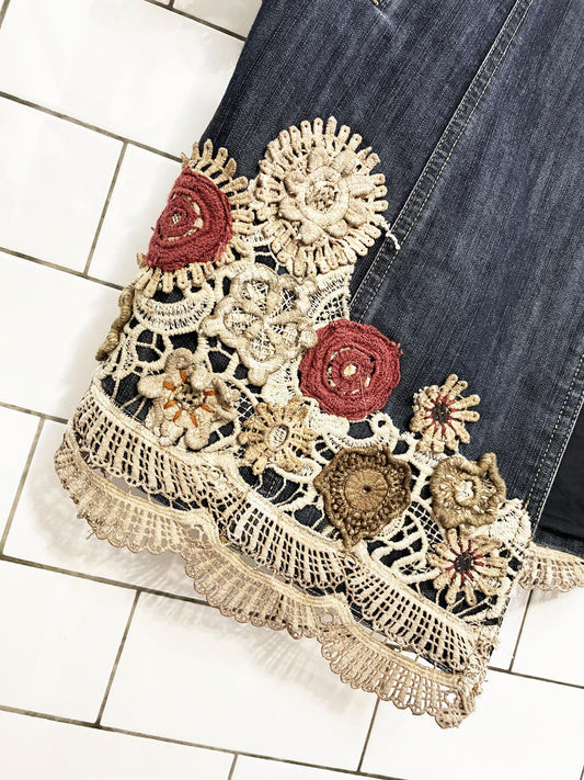 vintage chicos boho floral embroidered open denim jacket | made in india