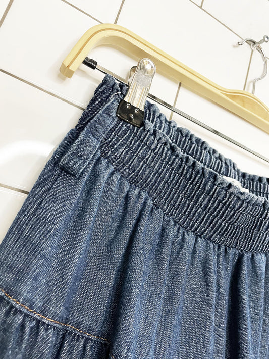 vintage papillon denim boho tiered maxi skirt