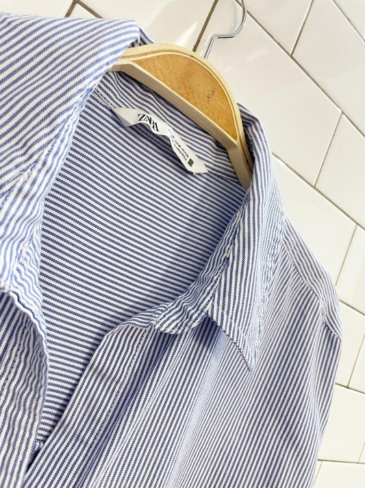 zara blue stripe v - neck menswear shirt - good market thrift store