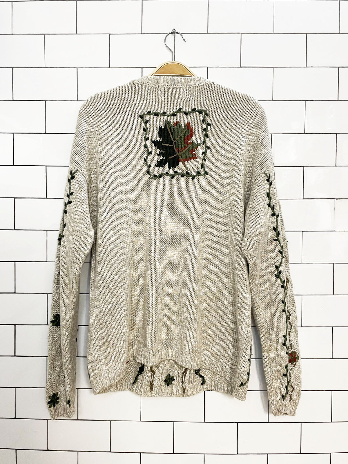 vintage christopher & banks ramie-blend hand-embroidered autumn knit sweater