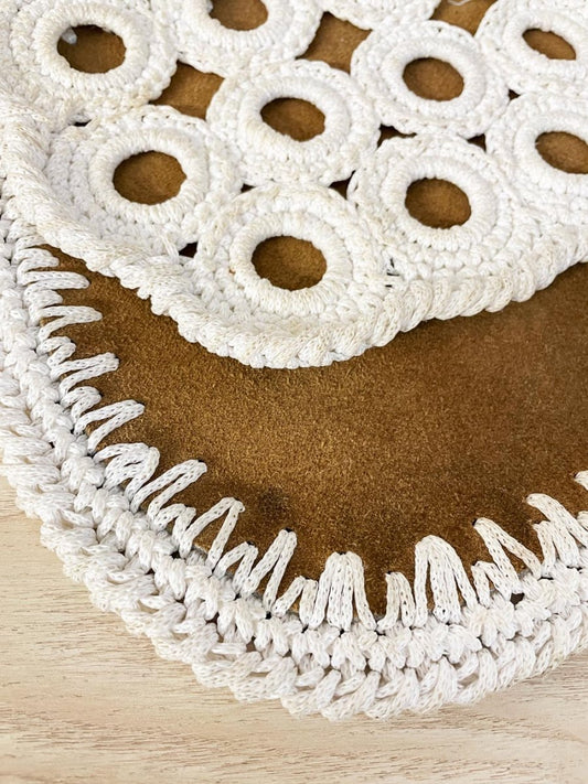 vintage 70s crochet trim suede bag - good market thrift store