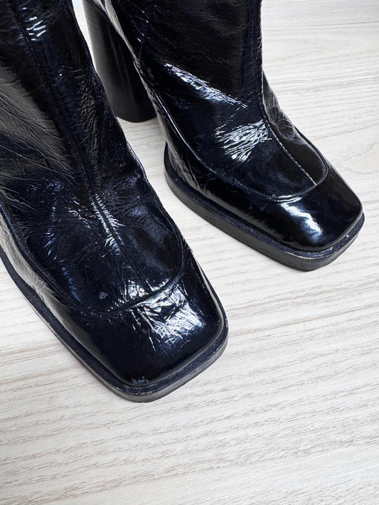 l'intervalle naplack leather patent square toe heeled boots | made in Spain