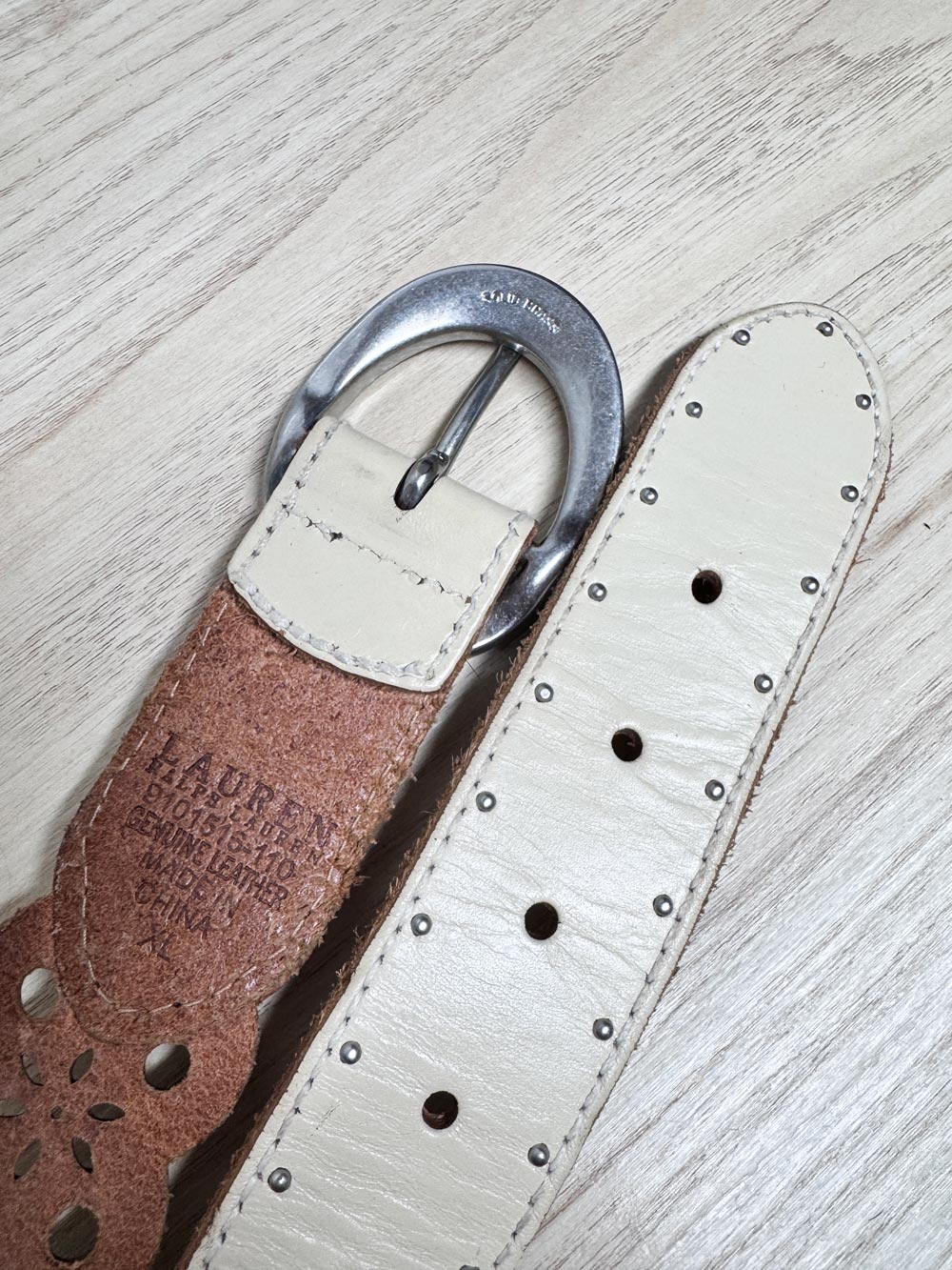 vintage 00s lauren RL leather + brass buckle studded laser cut belt | ralph lauren