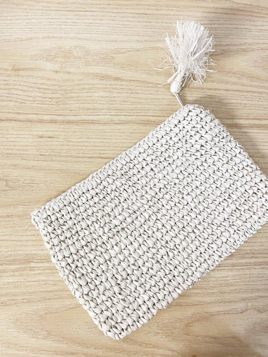 straw summer clutch with tassel zipper - good market thrift store