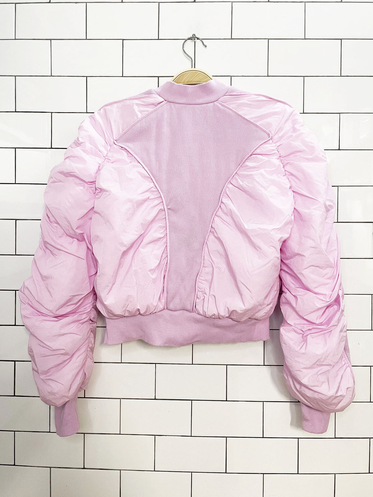 zara x purple magazine bubble crop ruched bomber jacket