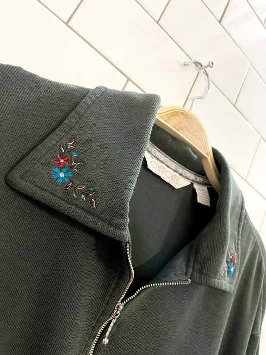 vintage 00s cherokee flower embroidered collar boxy 1/4 zip ribbed sweatshirt - good market thrift store