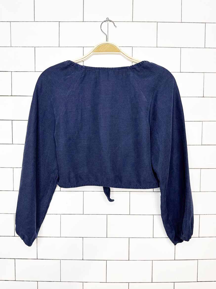 wilfred tenley 100% linen tie front balloon sleeve crop top | aritzia