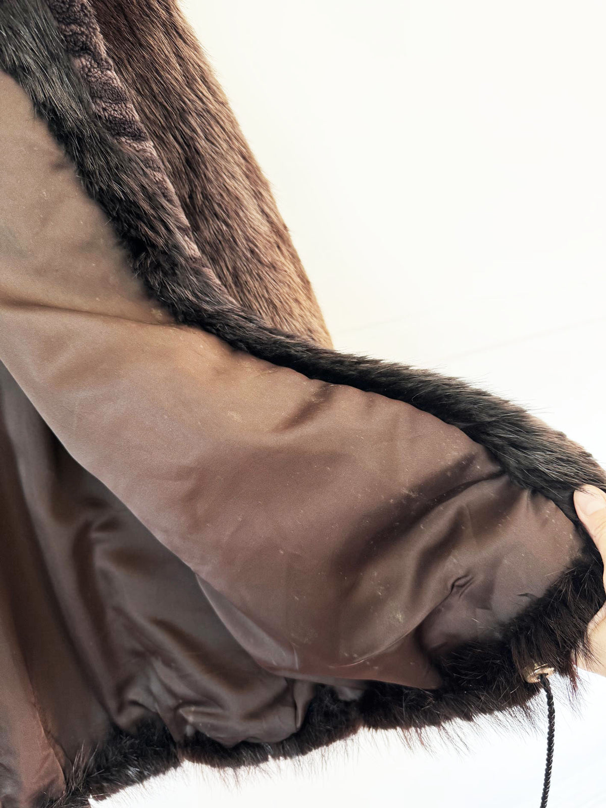 vintage 90s muscalus mink fur hooded drawstring coat with sheared mink fur trim