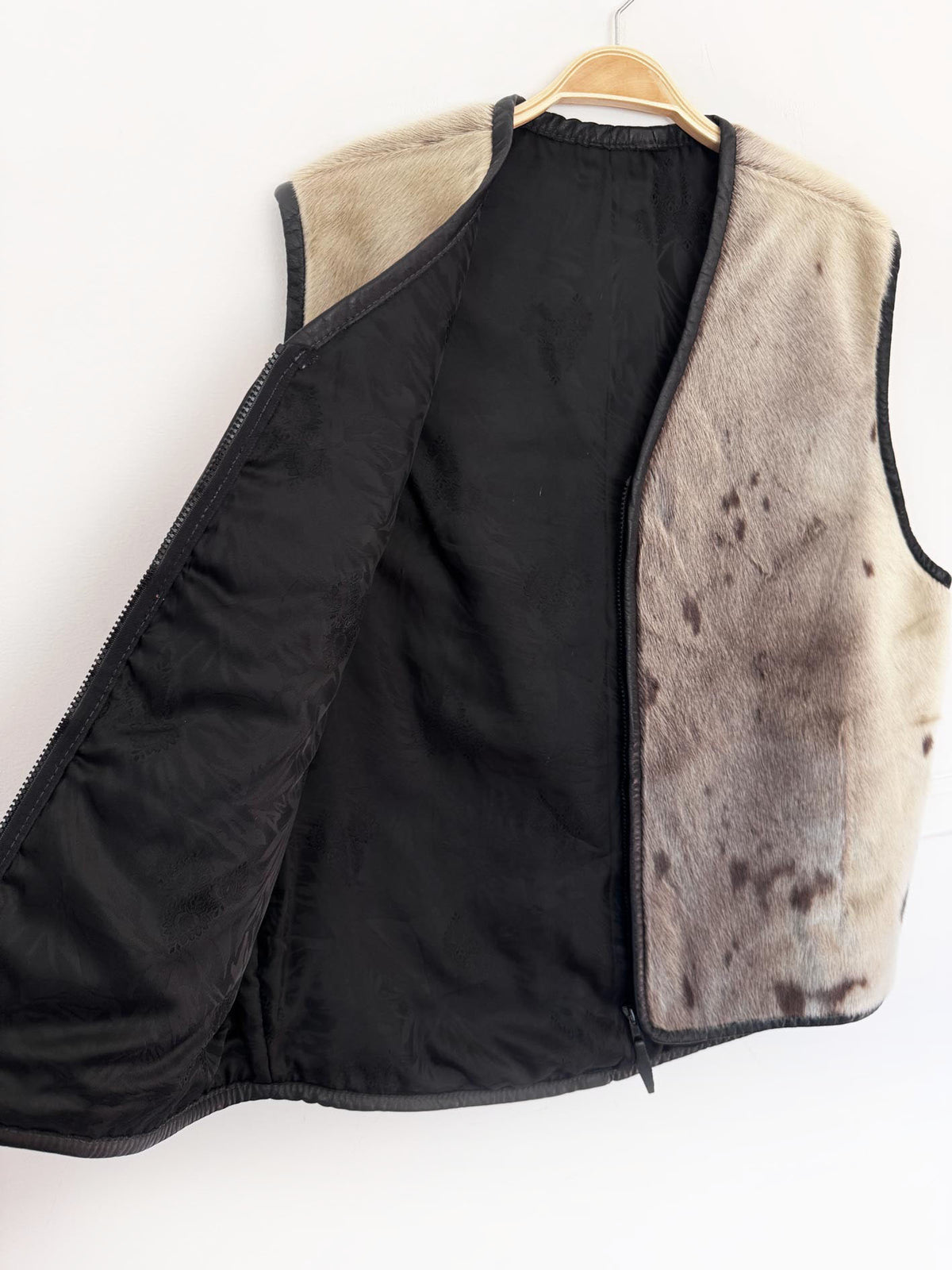 vintage seal fur full zip vest with leather trim