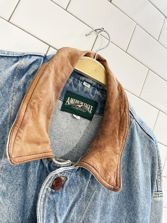 vintage 90s american eagle outfitters leather collar denim chore coat - good market thrift store