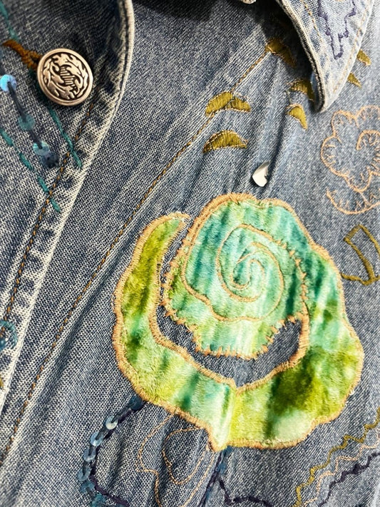 vintage 00s tanjay velvet rose embellished denim jacket - good market thrift store