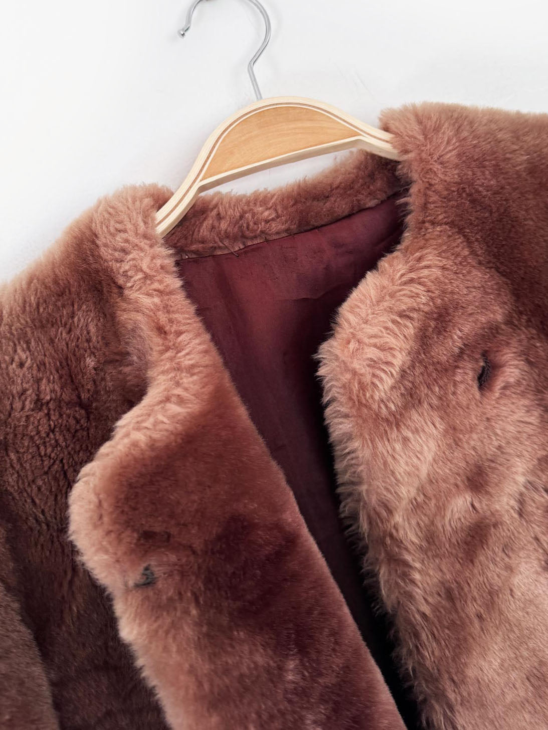 vintage 70s shaved sheepskin fur collarless puff sleeve teddy coat