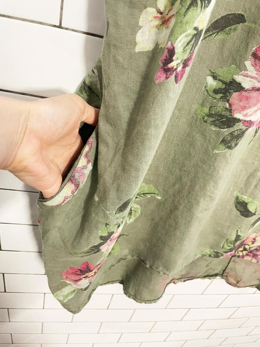 made in italy 100% linen rose print oversized dress - good market thrift store