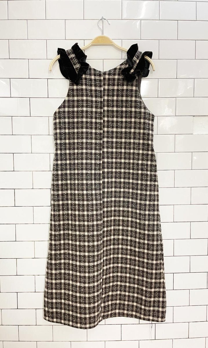 k. woven jumper dress with velvet ruffle shoulder - good market thrift store