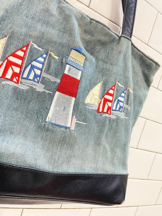vintage 00s embroidered lighthouse denim tote - good market thrift store
