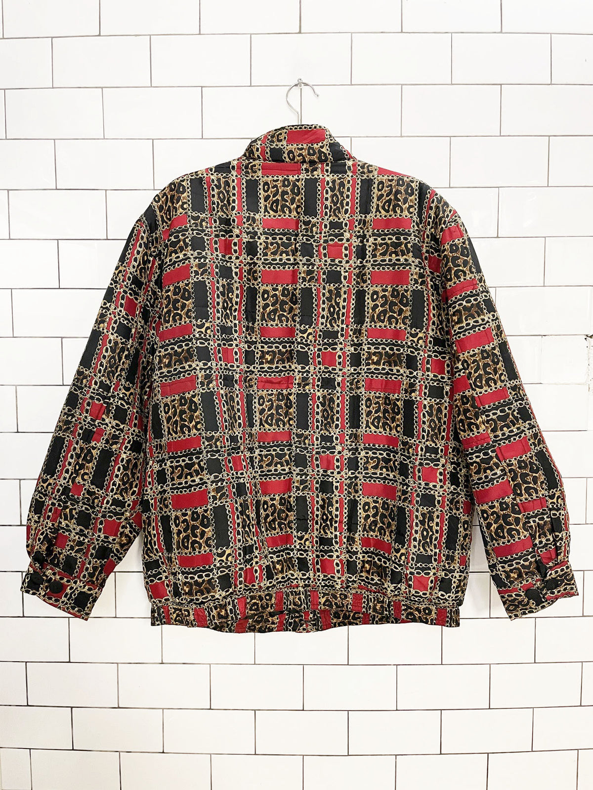 vintage 90s anna & frank 100% silk animal print chain plaid bomber jacket
