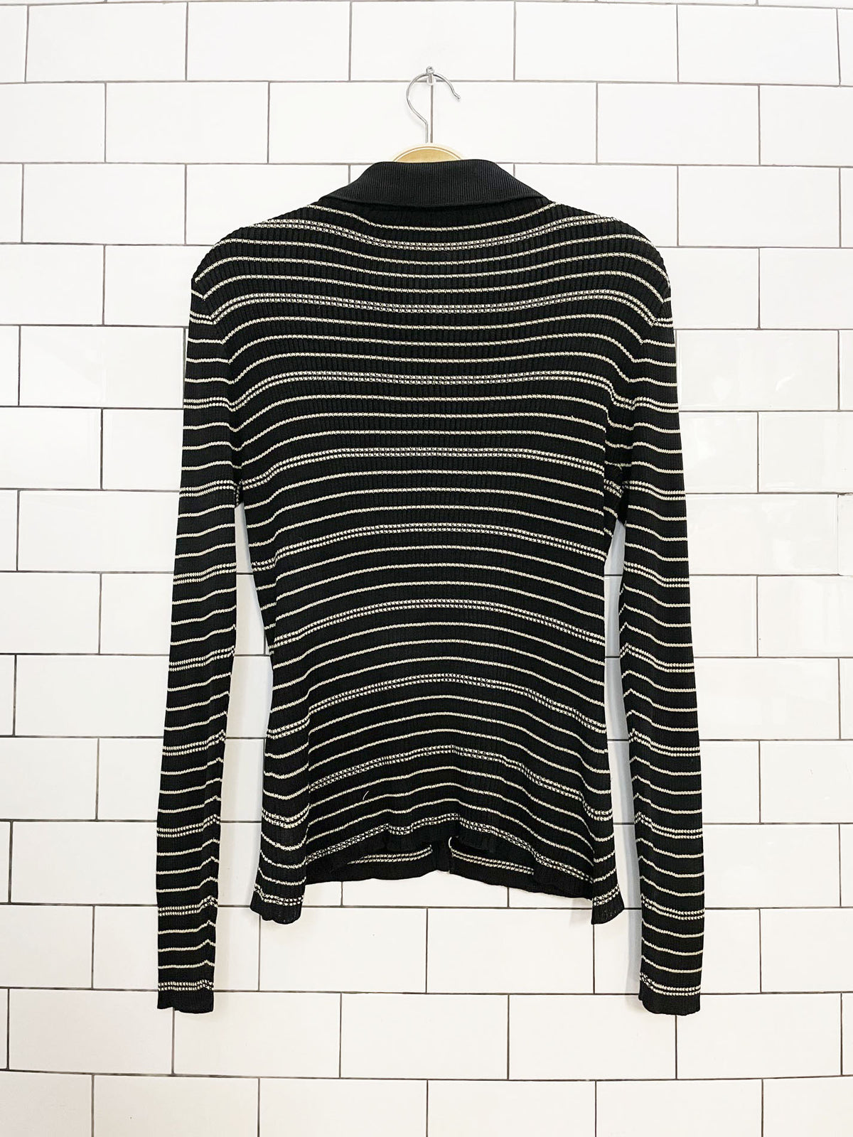 vintage 00s anne klein II silk-blend knit stripe full button collared shirt