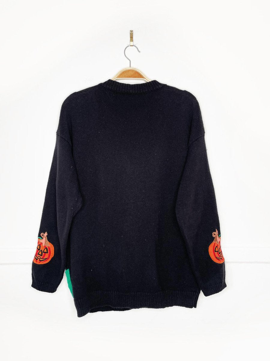 vintage 00s patchwork halloween trick or treat pumpkin knit cardigan - good market thrift store